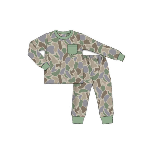 ( Moq 5 ) Preorder Baby Boys Toddler Long Sleeves Dogs Ducks Deer Shirt Camo Pants Hunting Pajamas Set