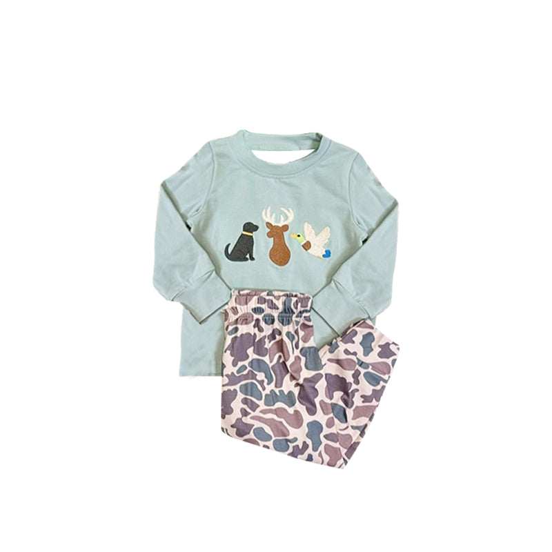 ( Moq 5 ) Preorder Baby Boys Long Sleeve Dogs Ducks Deer Camo Pants Hunting Pajamas Set