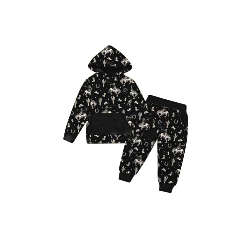 ( Moq 5 ) Preorder Baby Boys Long Sleeves Rodeo Cactus Hoodie Shirt Pockets Pants Boys Western Black Set