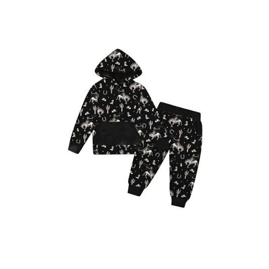 ( Moq 5 ) Preorder Baby Boys Long Sleeves Rodeo Cactus Hoodie Shirt Pockets Pants Boys Western Black Set