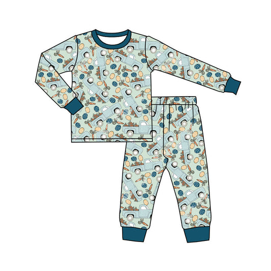 ( Moq 5 ) Preorder Baby Boys Long Sleeves Trucks Eggs Carrots Shirt Pants Easter Pajamas Set