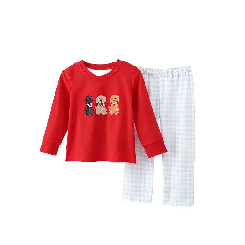 ( Moq 5 ) Preorder Baby Boys Long Sleeves Dogs Hearts Red Shirt Plaid Pants Valentine Clothes Set