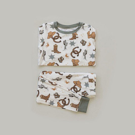 ( Moq 5 ) Preorder Baby Boys Long Sleeves Cactus Boots Shirt Pants Western Pajamas Set