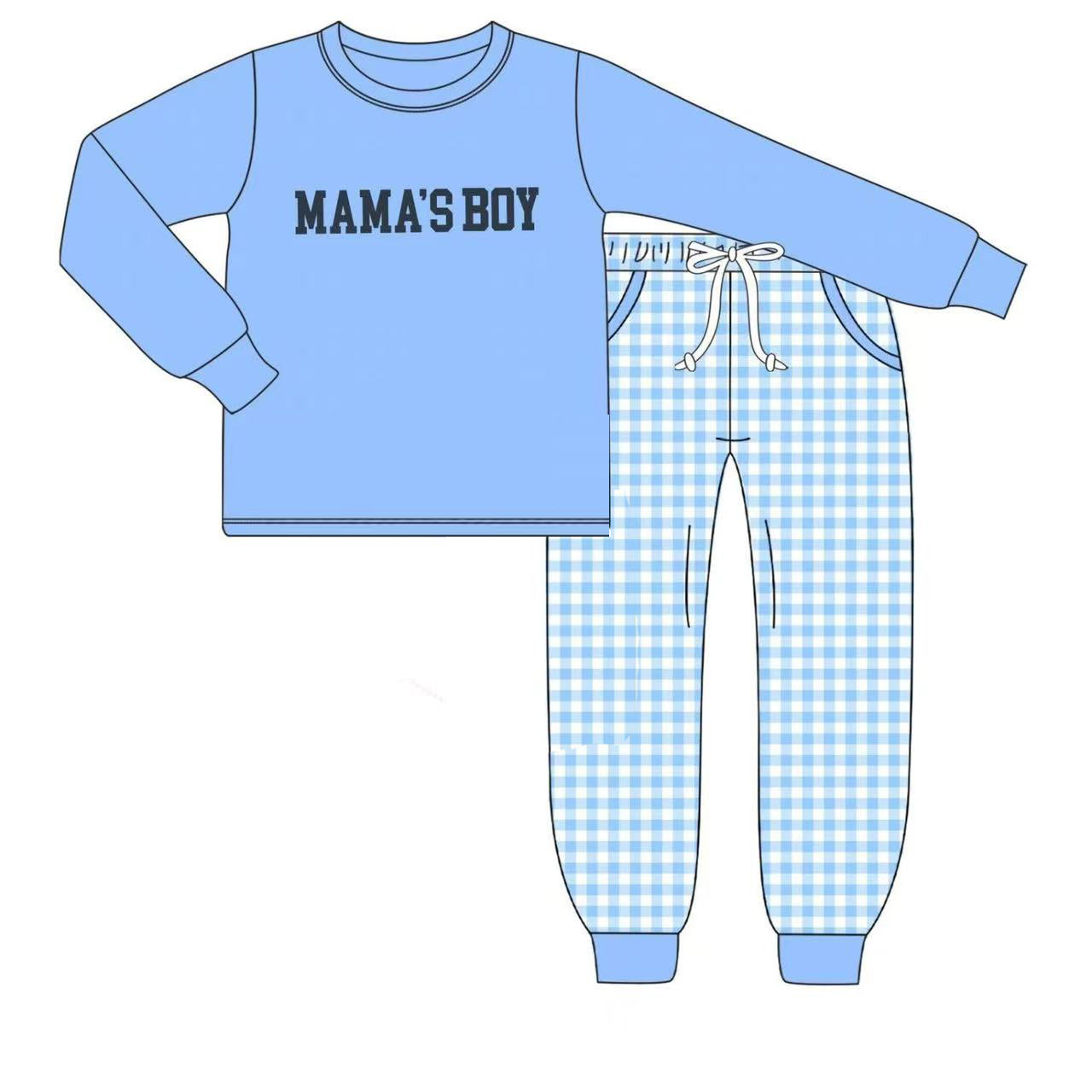 ( Moq 5 ) Preorder Baby Kids Long Sleeves Mama's Boy Shirt Blue Plaid Pockets Clothes Set