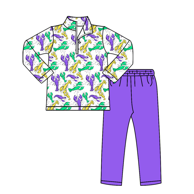 ( Moq 5 ) Preorder Baby Girls Long Sleeves Crayfish Zipper Shirt Purple Pants Mardi Gras Set