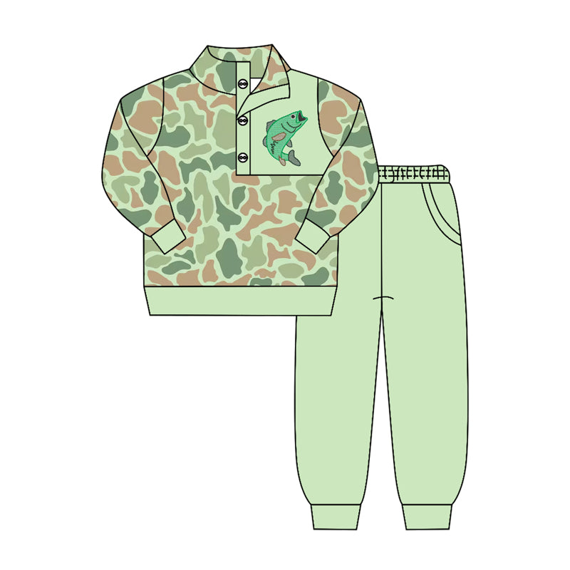 ( Moq 5 ) Preorder Baby Boys Kids Long Sleeves Fish Camo Buttons Shirt Pockets Green Pants Set Clothes