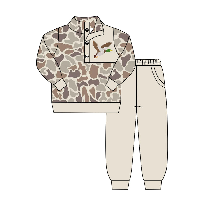 ( Moq 5 ) Preorder Baby Boys Kids Long Sleeves Duck Camo Buttons Shirt Pockets Pants Set Clothes