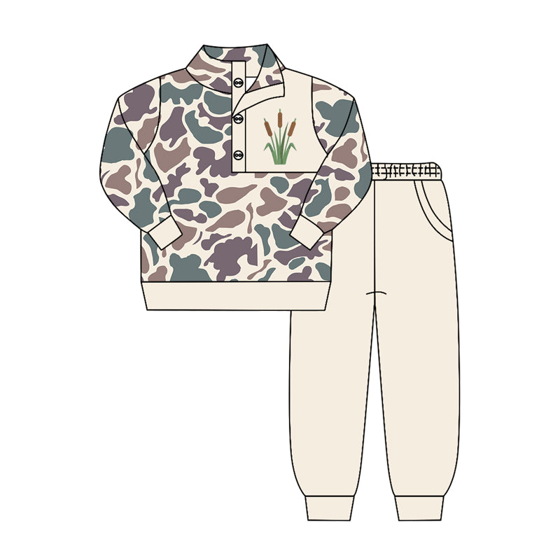 ( Moq 5 ) Preorder Baby Boys Kids Long Sleeves Camo Buttons Shirt Pockets Pants Set Clothes