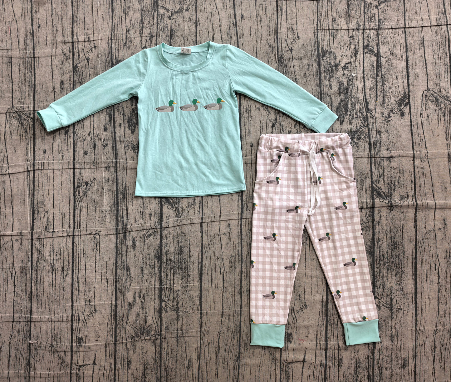 ( No moq ) Preorder Baby Boys Kids Embroidery Ducks Shirt Pockets Plaid Pants Set Clothes