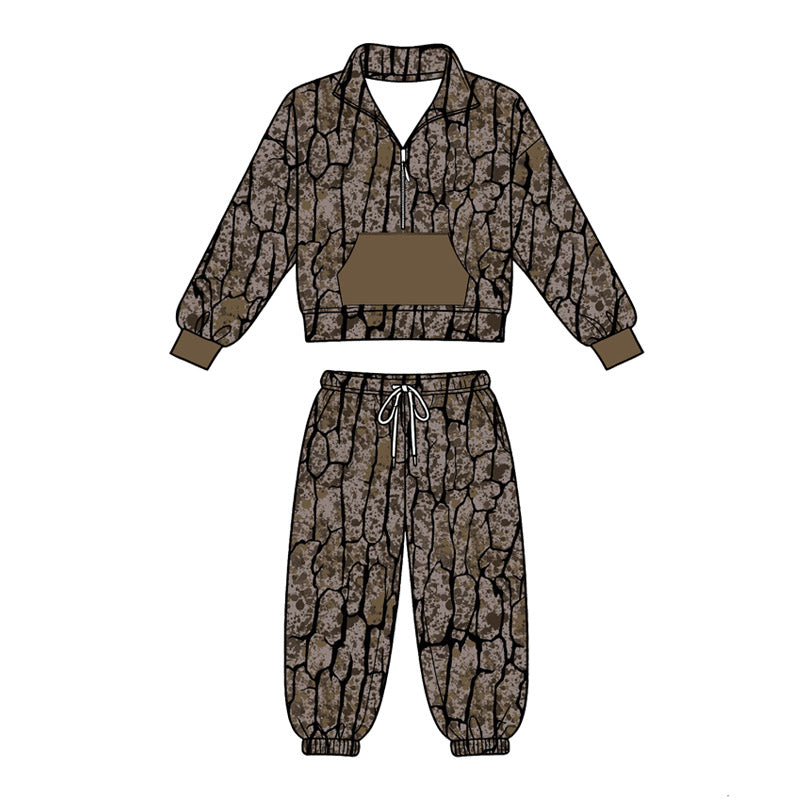 ( Moq 5 ) Preorder Baby Boys Long Sleeves Zipper Pocket Shirt Jogger Pants Camo Set Clothes