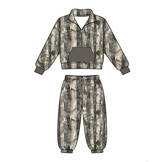 ( Moq 5 ) Preorder Baby Boys Long Sleeves Zipper Pocket Shirt Jogger Pants Set Camo Clothes