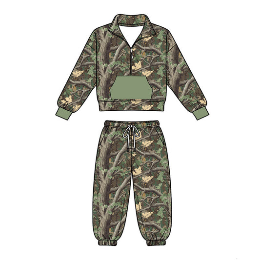 ( Moq 5 ) Preorder Baby Boys Long Sleeves Camo Zipper Green Pocket Shirt Jogger Pants Set Clothes