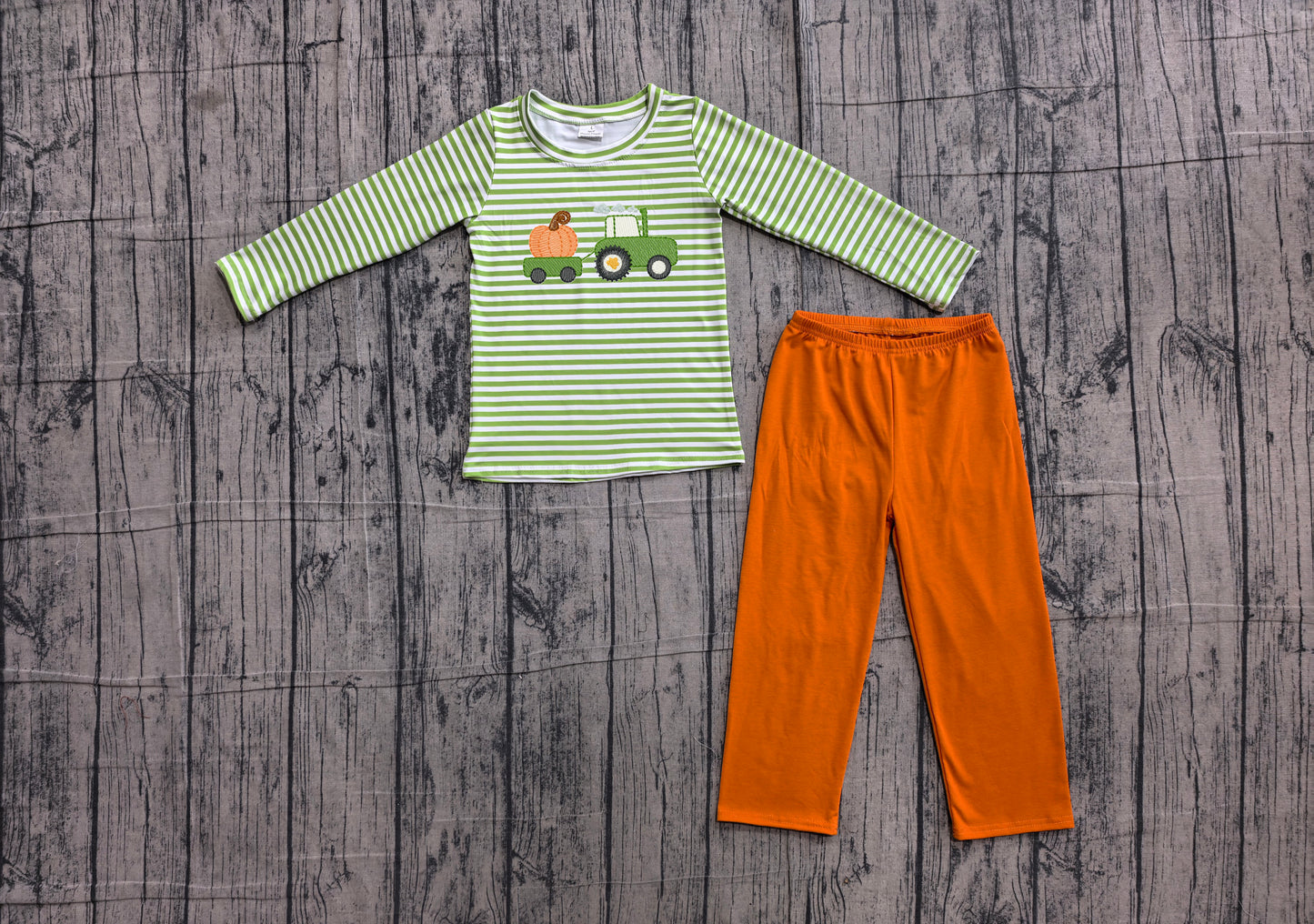 ( No moq ) Preorder Baby Boys Kids Embroidery Pumpkin Tractor Stripes Shirt Pants Set Fall Clothes