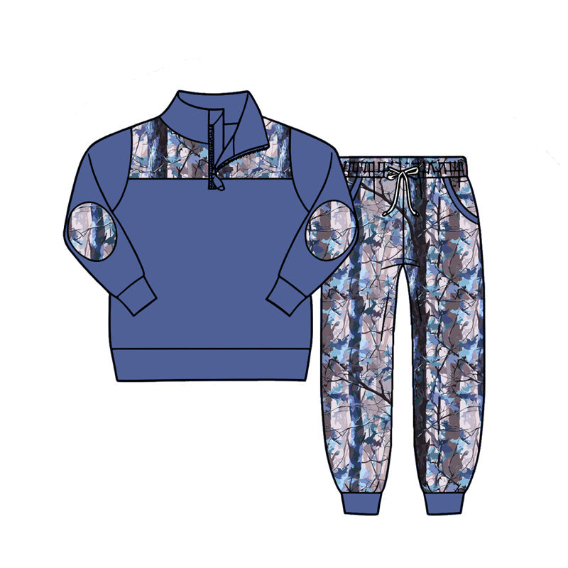 ( Moq 5 ) Preorder Baby Boys Long Sleeves Zipper Blue Pullover Leaves Pockets Jogger Pants Set Camo Clothes