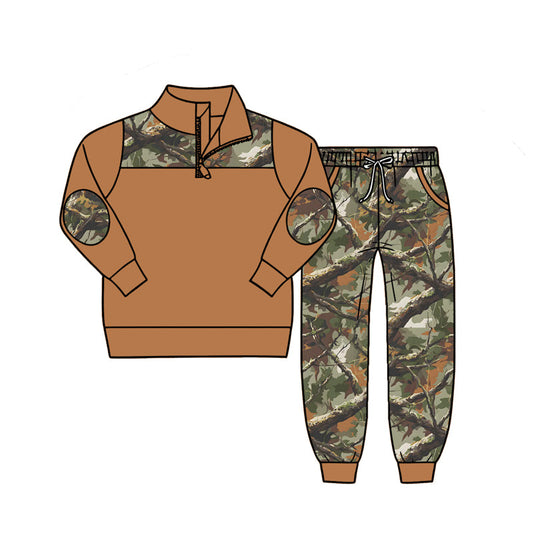 ( Moq 5 ) Preorder Baby Boys Long Sleeves Zipper Pullover Leaves Pockets Jogger Pants Set Camo Clothes