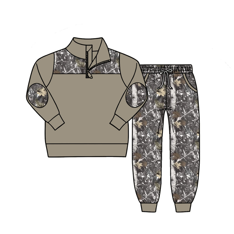 ( Moq 5 ) Preorder Baby Boys Long Sleeves Zipper Pullover Leaves Pockets Jogger Pants Set Clothes