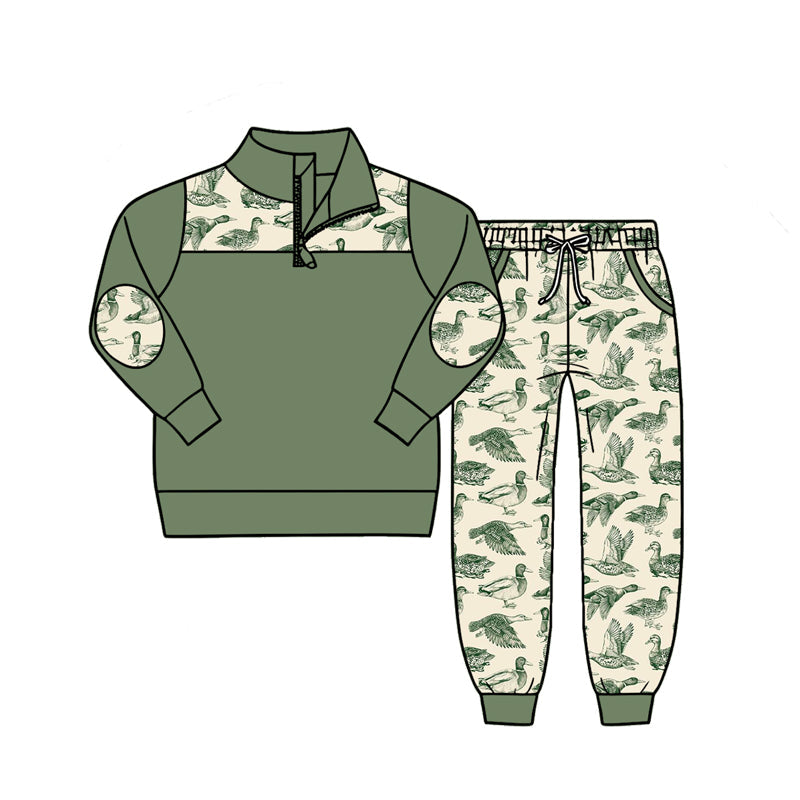 ( Moq 5 ) Preorder Baby Boys Kids Long Sleeve Zipper Pullover Ducks Pockets Jogger Set Green Clothes