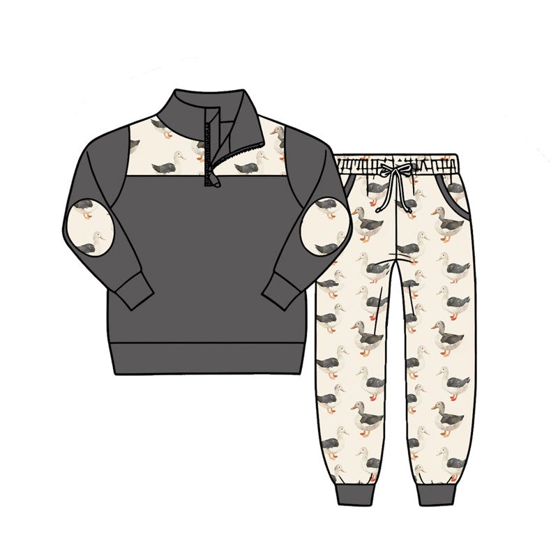 ( Moq 5 ) Preorder Baby Boys Kids Long Sleeve Zipper Shirt Ducks Pockets Jogger Set Clothes