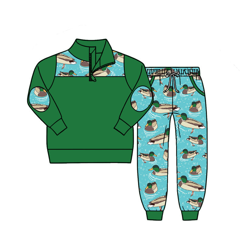 ( Moq 5 ) Preorder Baby Boys Kids Long Sleeve Zipper Green Pullover Ducks Pockets Jogger Set Clothes