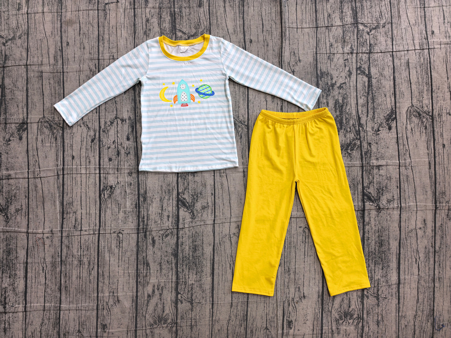 ( No moq ) Preorder Baby Boys Kids Embroidery Stripes Shirt Yellow Pajamas Set Clothes