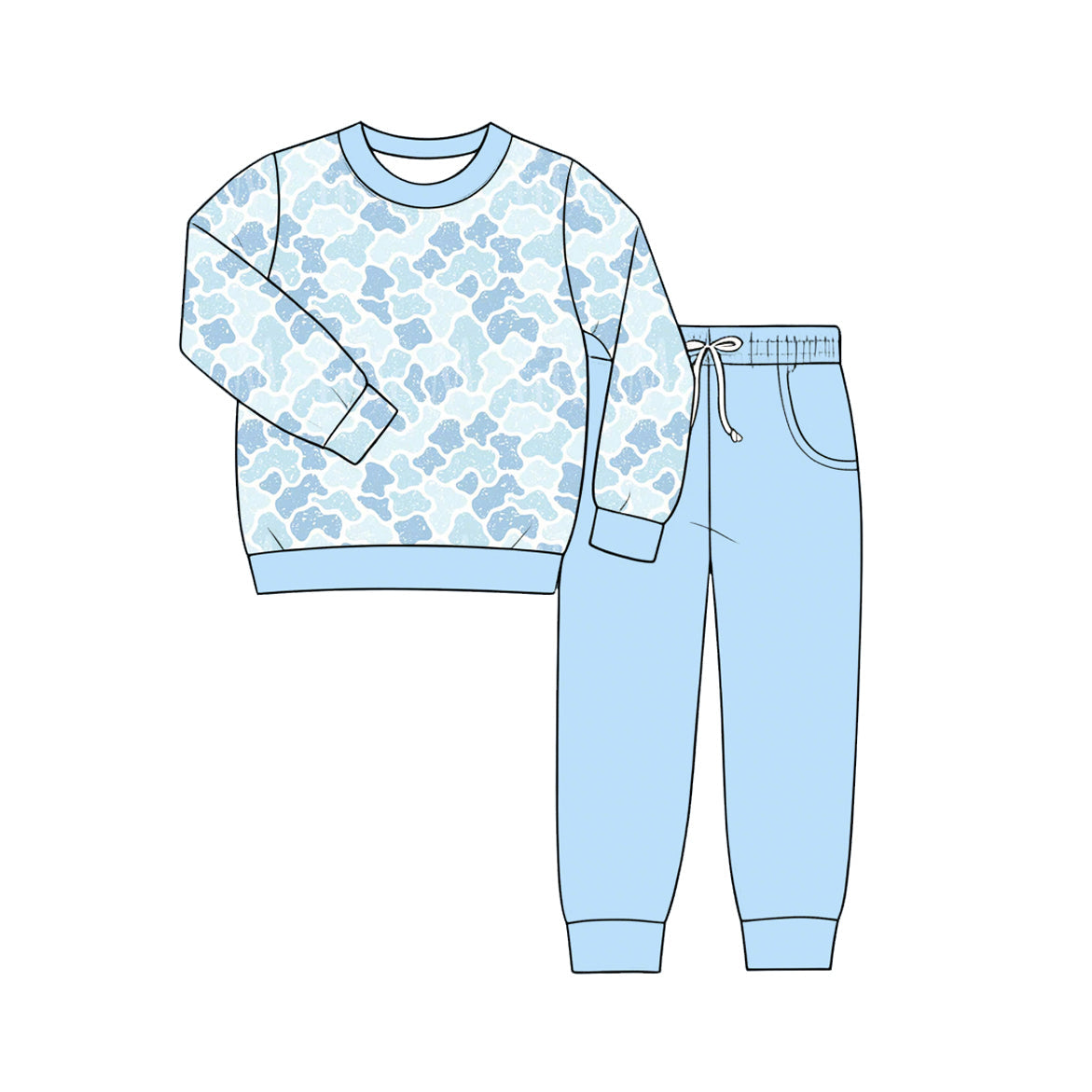 ( Moq 5 ) Preorder Baby Boys Kids Long Sleeves Camo Shirt Blue Pockets Pants Set Clothes