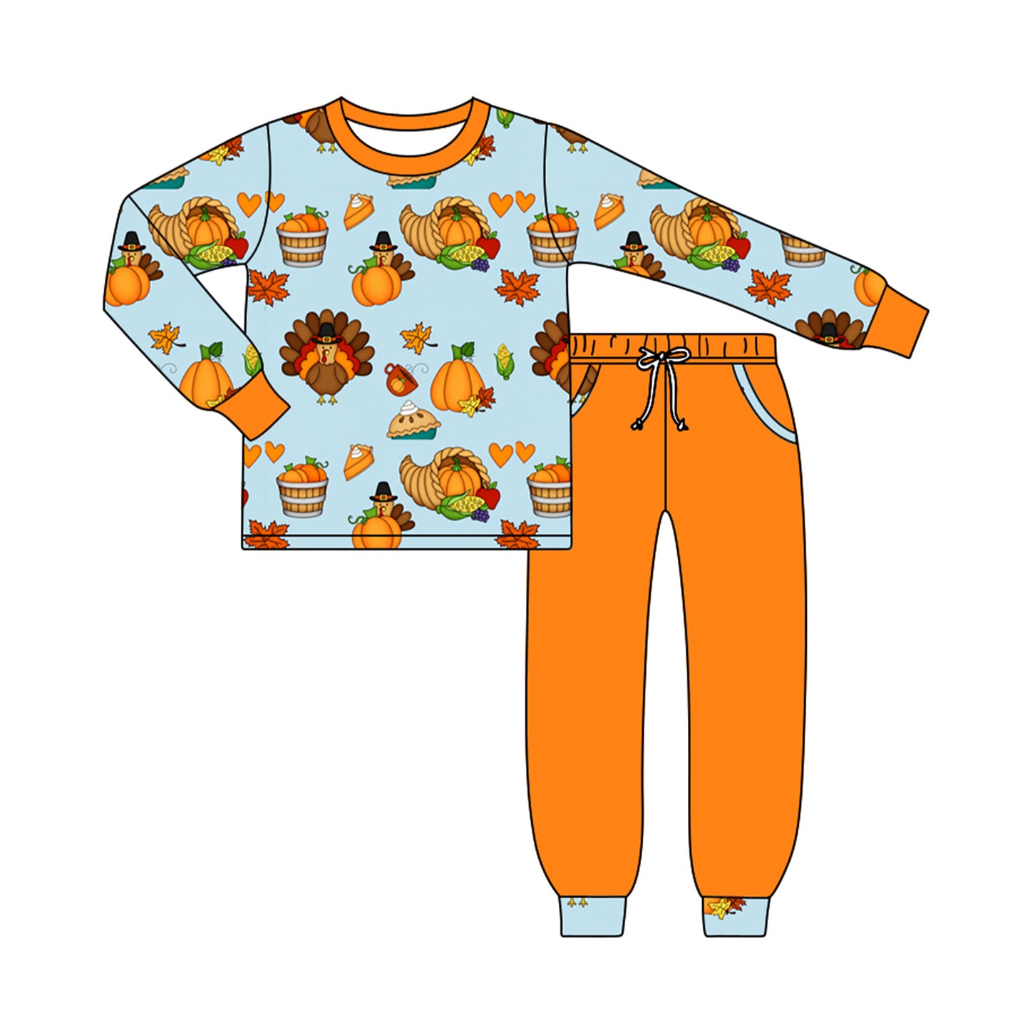 ( Moq 5 ) Preorder Baby Boys Kids Pumpkins turkey Shirt Pockets Orange Pants Fall Set Clothes