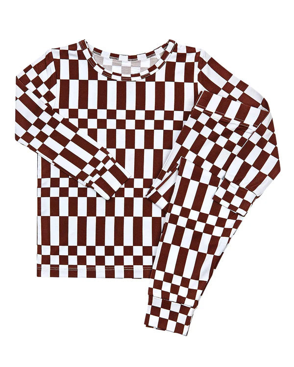 ( Moq 5 ) Preorder Baby Boys Kids Long Sleeves Brown White Plaid Shirt Pants Set Pajamas Clothes