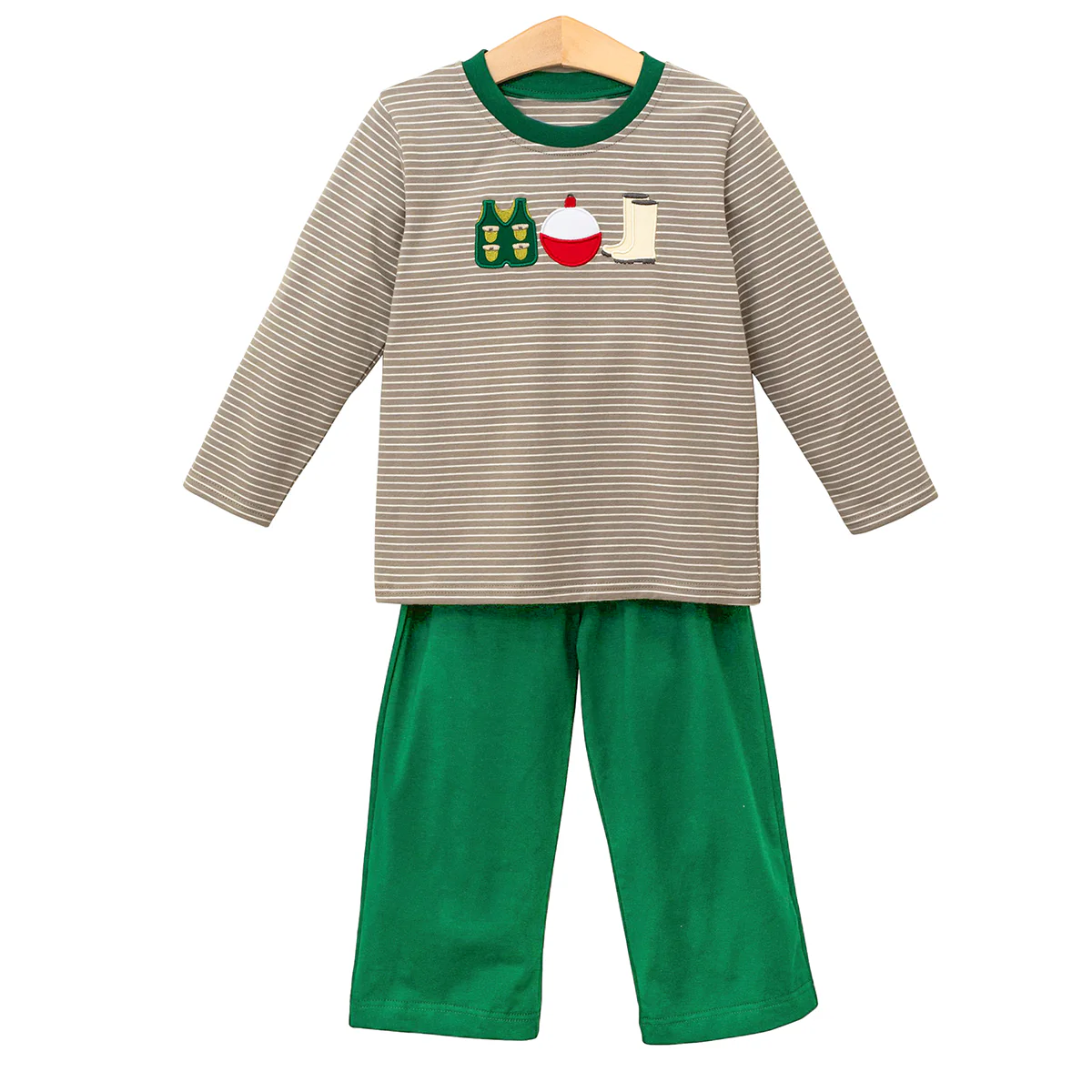 ( Moq 5 ) Preorder Baby Boys Kids Stripes Long Sleeves Fishing Shirt Green Pants Set Clothes