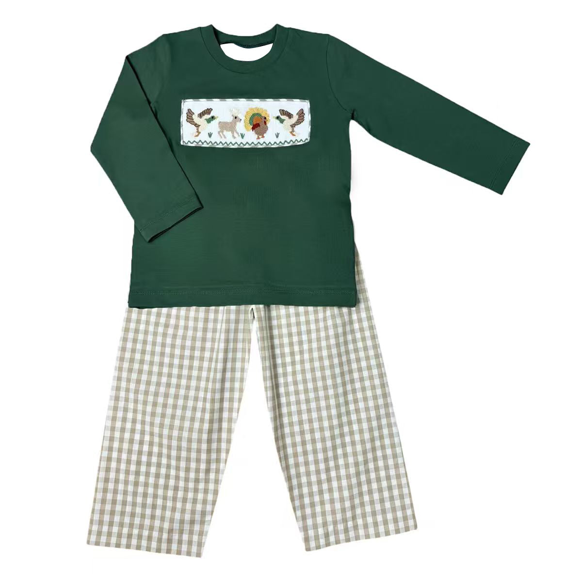 ( Moq 5 ) Preorder Baby Boys Kids Long Sleeves Ducks Deer turkey Shirt Plaid Pants Fall Set Clothes