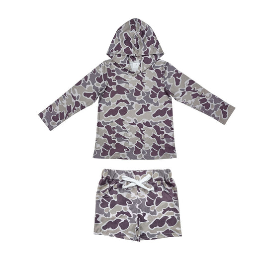 Boys Kids Long Sleeves Camo Hoodie Shirt Pockets Shorts Clothes Set RTS