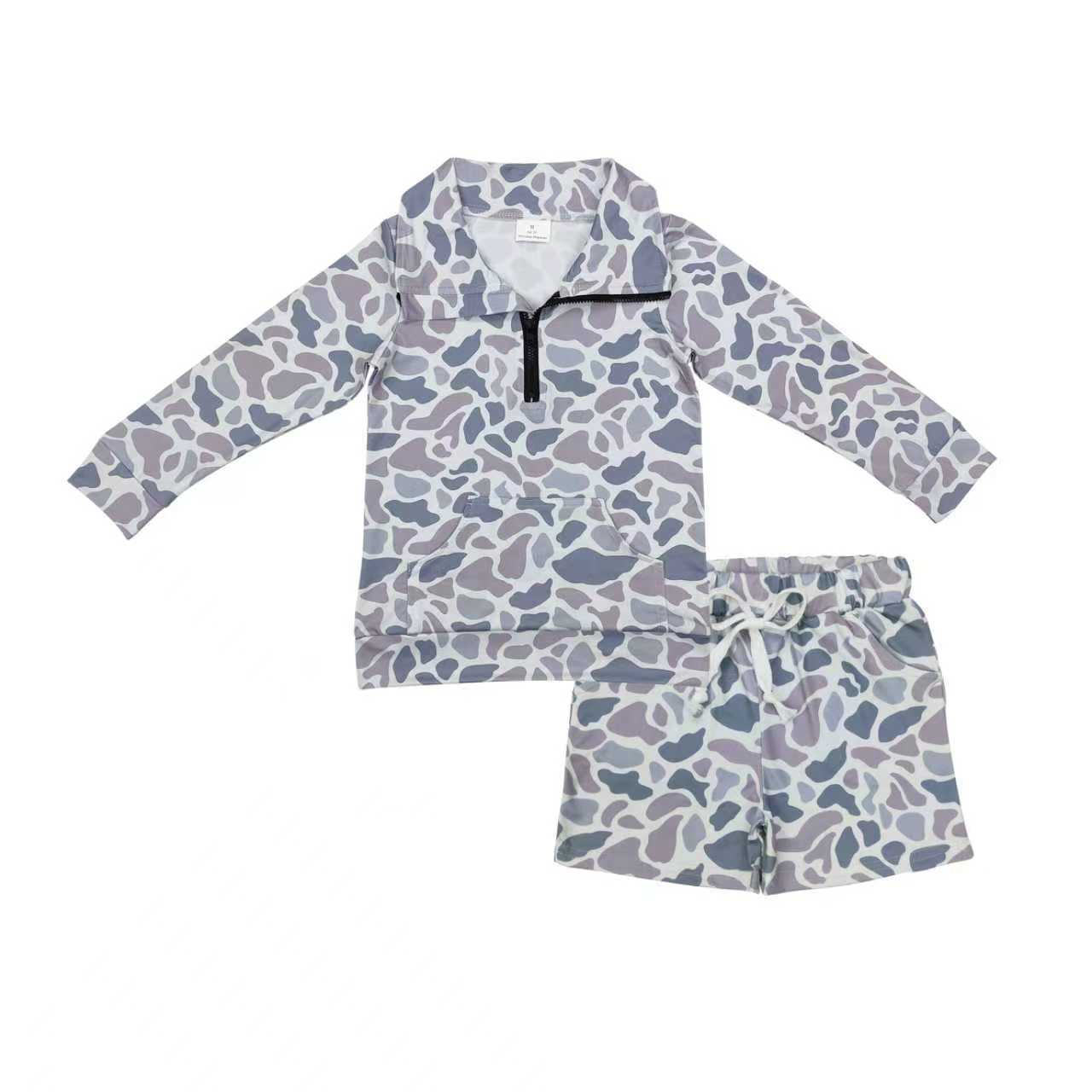 Boys Kids Light Grey Camo Zipper Pocket Pullover Shirt Shorts Clothes Set RTS