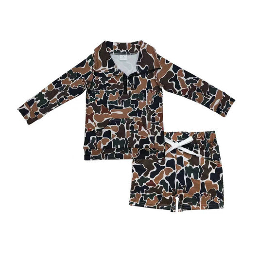 Boys Kids Brown Camo Zipper Pocket Pullover Shirt Shorts Clothes Set RTS