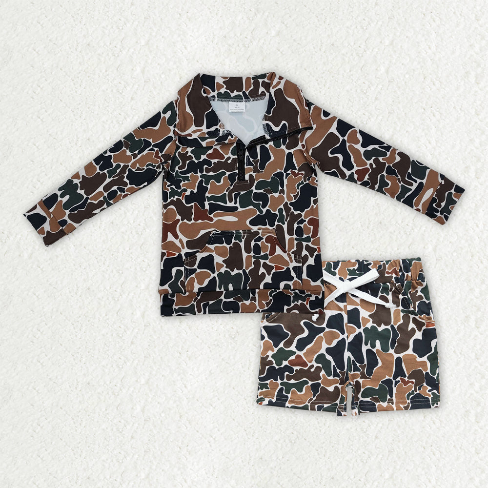 Sibling Baby Boys Kids Long Sleeves Camo Zipper Shirts Pockets Shorts Clothes Sets RTS