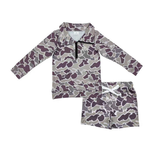 Boys Kids Dark Grey Camo Zipper Pocket Pullover Shirt Shorts Clothes Set RTS