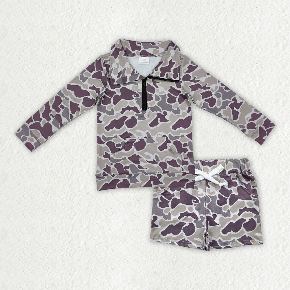 Sibling Baby Boys Kids Long Sleeves Camo Zipper Shirts Pockets Shorts Clothes Sets RTS