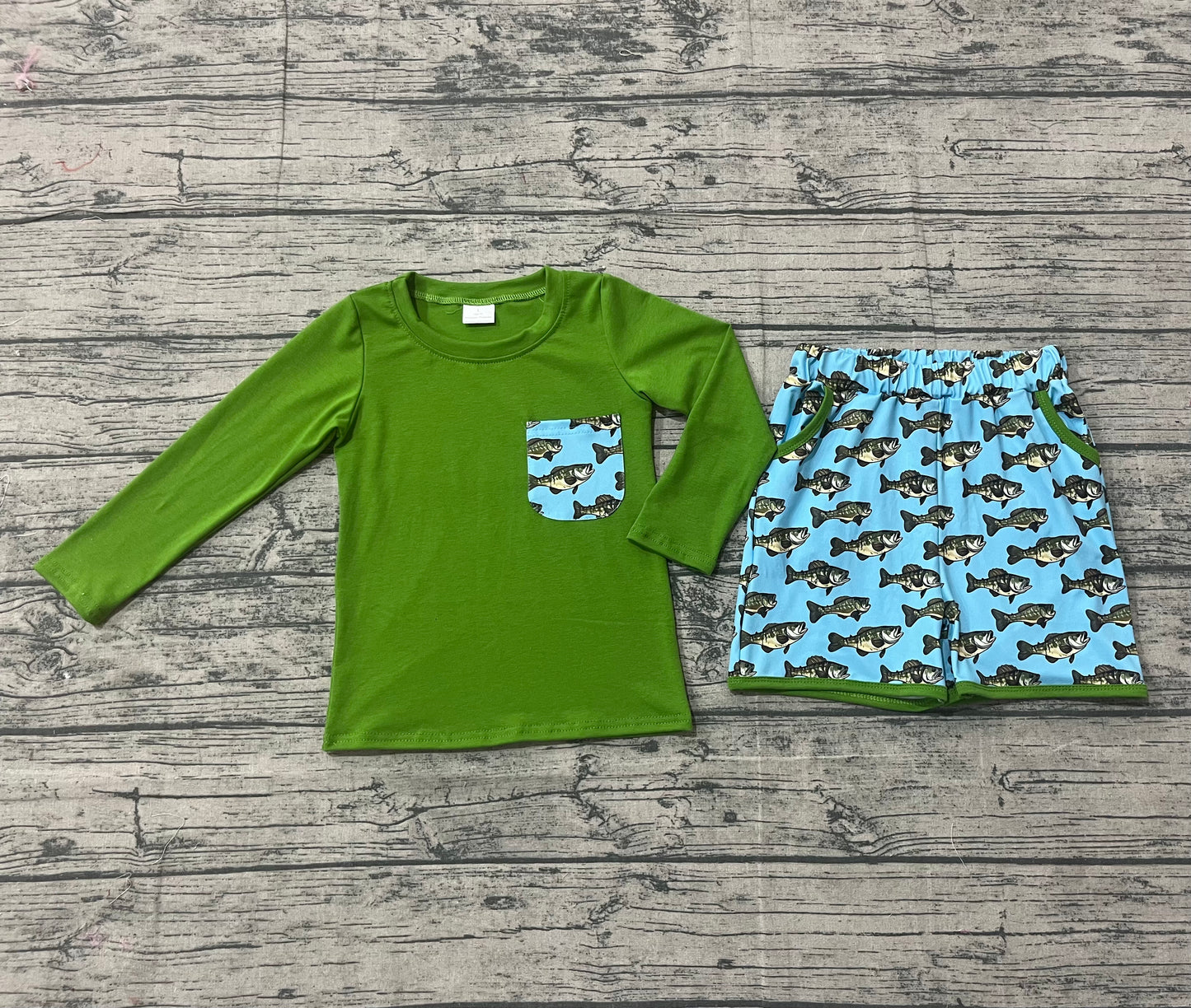 Boy Kids Green Long Sleeves Shirt Fish Pockets Shorts Clothes Set RTS