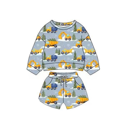 ( Moq 5 ) Preorder Baby Boys Christmas Trucks Trees Shirt Pockets Shorts Clothes Set