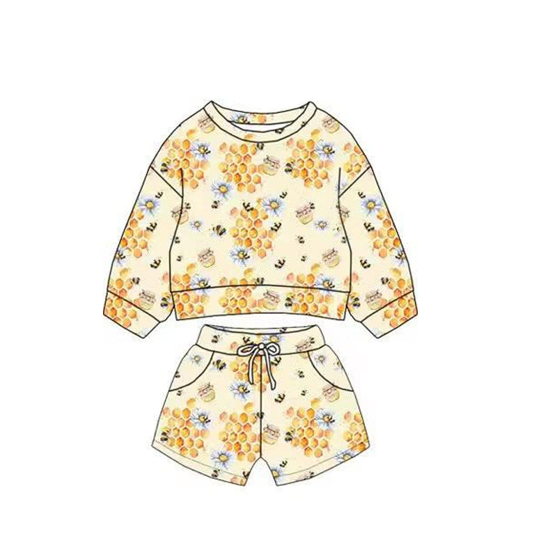 ( Moq 5 ) Preorder Baby Girls Long Sleeves Bee Flower Shirt Pockets Shorts Clothes Set