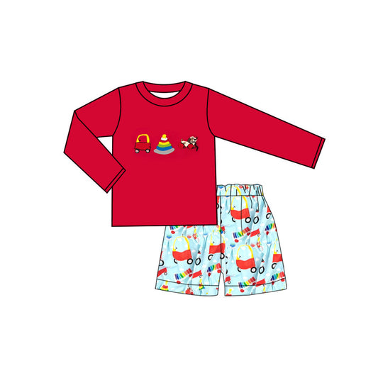 ( Moq 5 ) Preorder Baby Boys Red Long Sleeves Shirt Dogs Shorts Clothes Set