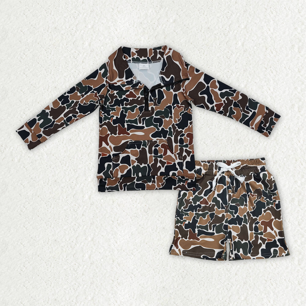 Baby Boys Kids Long Sleeves Brown Green Camo Zipper Shirt Pockets Shorts Hunting Clothes Set RTS