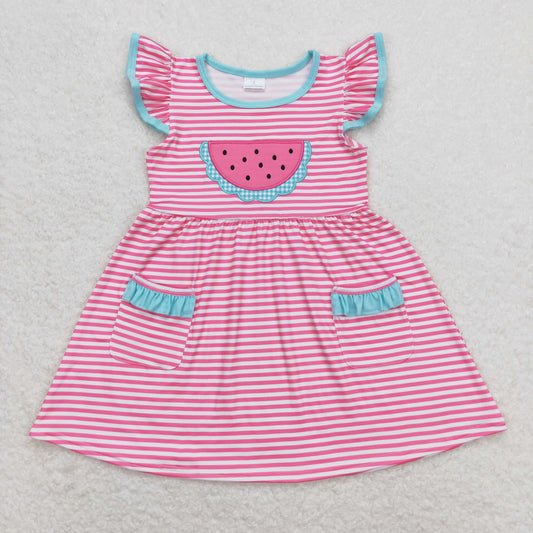 Baby Girl Short Sleeves Embroidery Watermelon Pocket Pink Stripes Dress
