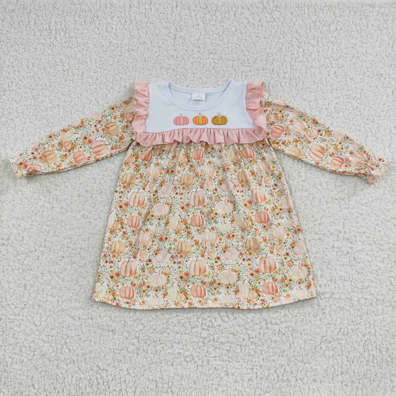 GLD0238 Baby Girl Long Sleeves Embroidery Pumpkin Floral Dress