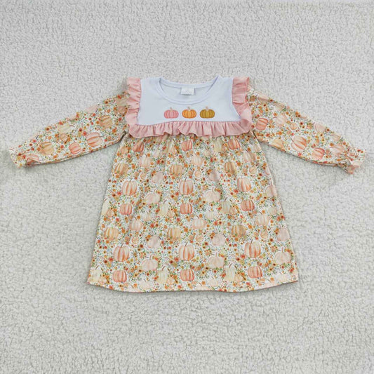 GLD0238 Baby Girl Long Sleeves Embroidery Pumpkin Floral Dress