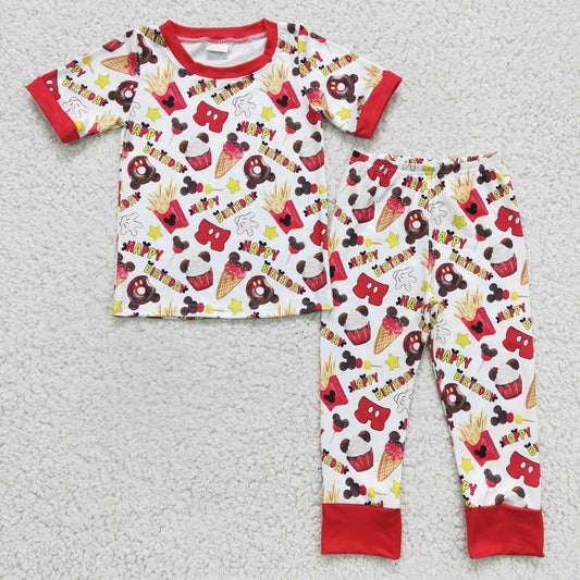 Promotion Baby Boy Kids Short Sleeves Happy Birthday Cartoon Shirt Pants Pajamas Outfit