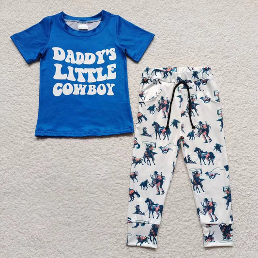 Promotion Baby Boy Blue Short Sleeves Daddy's Little Cowboy Shirt Pockets Pants Western Outfit