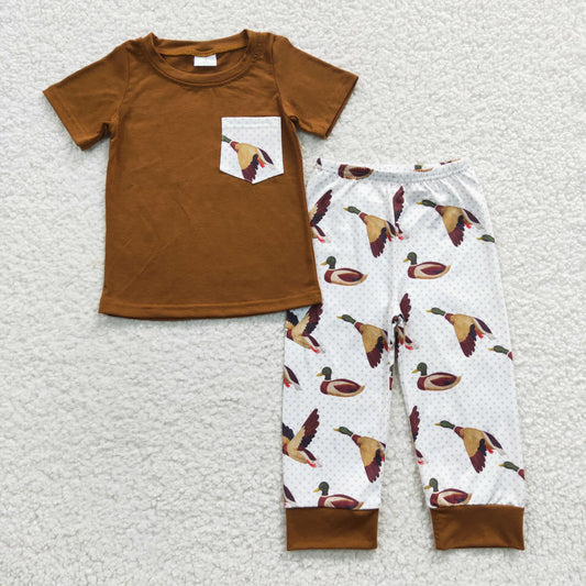 Promotion Baby Boy Short Sleeves Pocket Brown Shirt Ducks Pants Outfit RTS
