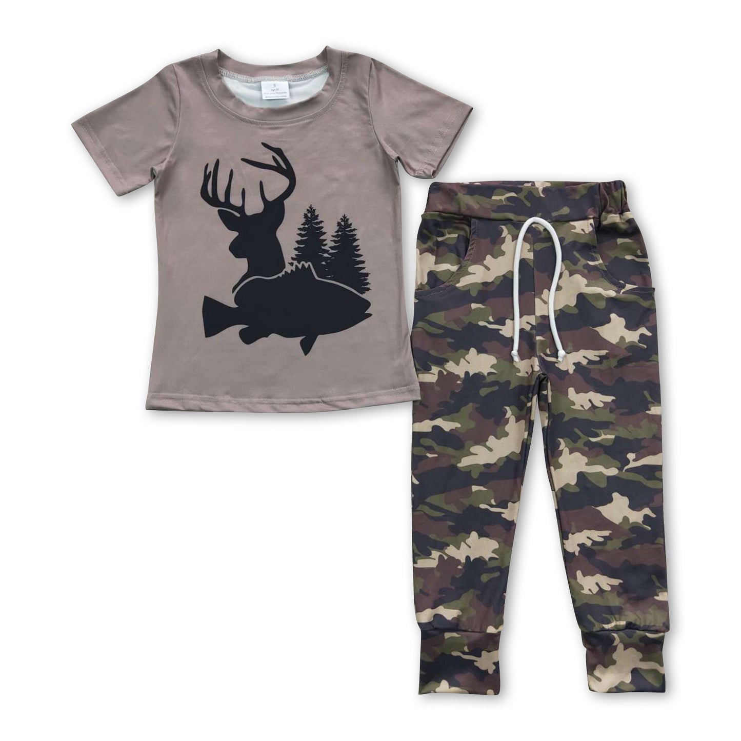 Promotion Baby Boy Short Sleeves Deer Fish Shirt Camo Pants Hunting Outfit RTS
