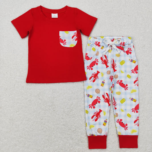 Promotion Baby Boy Short Sleeves Crawfish Pocket Pants Outfit RTS