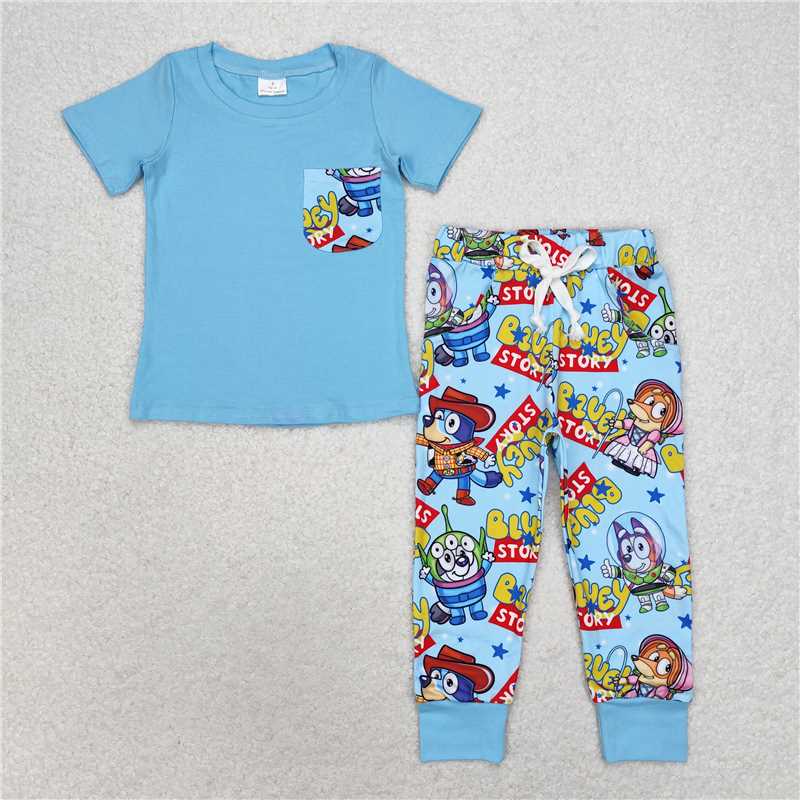 Baby Boy Girl Short Sleeves Dogs Blue Sibling Romper Dress Set RTS