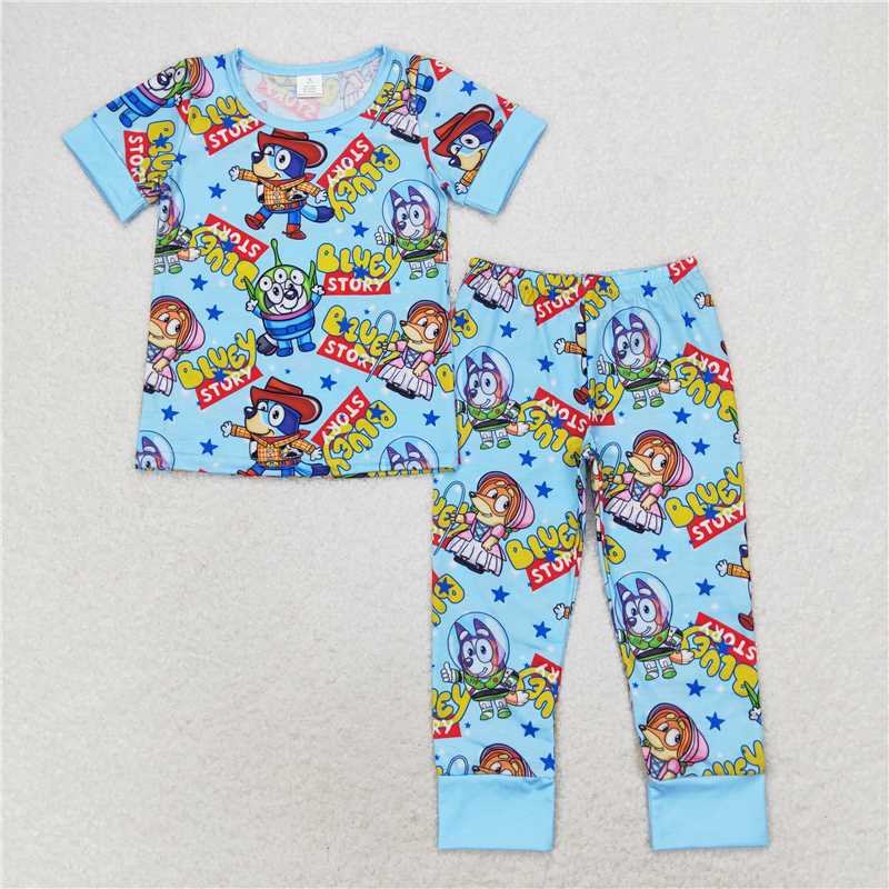 Baby Boy Girl Short Sleeves Dogs Blue Sibling Romper Dress Set RTS